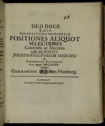 Loco Dissertationis Inauguralis Positiones Aliquot Selectiores