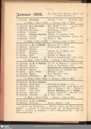 Kalendarium mit geschichtlichen Notizen