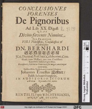 Conclusiones Forenses De Pignoribus Ad Lib. XX. Digest.