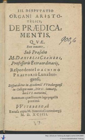 III. DISPVTATIO ORGANI ARISTOTELICI, DE PRAEDICAMENTIS