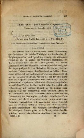 Ueber das XVIII. Kapitel des Wendidâd : Als Probe einer vollständigen Uebersetzung dieses Werkes. (Ausschnitt a. d. Stizb. d. k. Akad. d. Wiss., 1868, II, S. 509 - 560.)