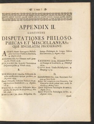 Appendix II. Continens Disputationes Philosophicas Et Miscellaneas Quae Singulatim Prodierunt