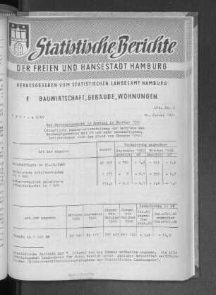 Das Bauhauptgewerbe in Hamburg im Oktober 1960 : Lfd. Nr. 2