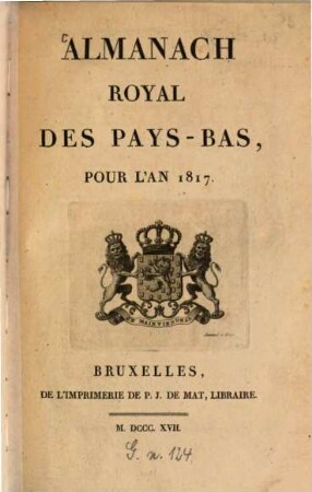 Almanach royal des Pays-Bas : pour l'an ... 1, 1. 1817
