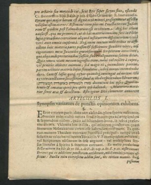 Articulus I. Synopsin variarum de punctis opinionum exhibens.