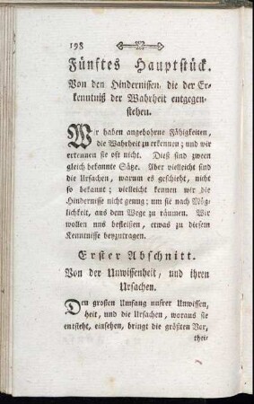 Fünftes Hauptstück. Von den Hindernissen, die der Erkenntniß der Wahrheit entgegenstehen.