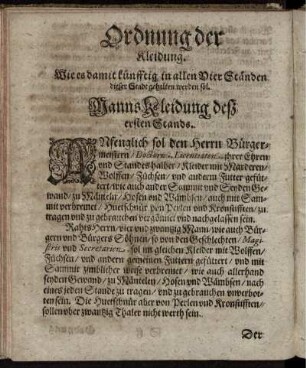 Ordnung der Kleidung / MannsKleidung / Frawen und Jungfrawen Kleidung