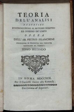 Tomo 2: Teoria dell'analisi da servire d'introduzione al metodo diretto ed inverso de'limiti. Tomo Secondo