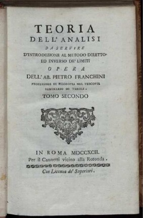 Tomo 2: Teoria dell'analisi da servire d'introduzione al metodo diretto ed inverso de'limiti. Tomo Secondo