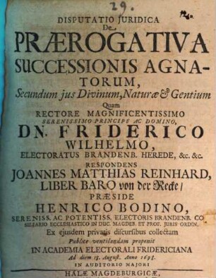 Disp. iur. de praerogativa successionis agnatorum secundum ius divinum, naturae et gentium
