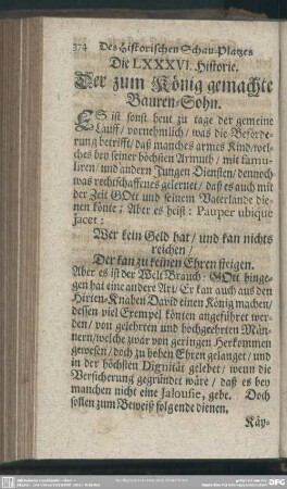 Die LXXXVI. Historie. Der zum König gemachte Bauren-Sohn