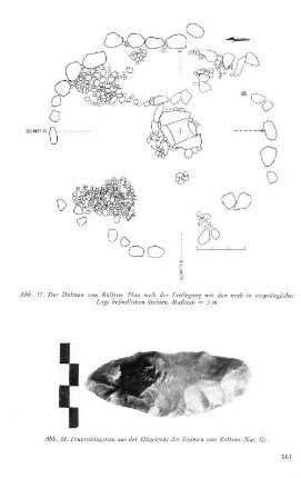 Abb. 17. Der Dolmen von Rolfsen. Plan nach der Freilegung mit den noch in ursprünglicher Lage befindlichen Steinen. Maßstab = 3 m Abb. 18. Feuerschlagstein aus der Hügelerde des Dolmen von Rolfsen. Nat. Gr.