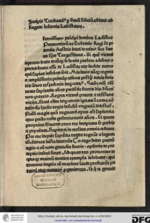 Incipit tractatulus per Eneam Silvium, editus ad regem Bohemie Ladislaum.