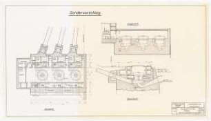 Pumpspeicherwerk, Berlin Schinkelwettbewerb 1964: Krafthaus: Grundriss, Längsschnitt, Querschnitt 1:200