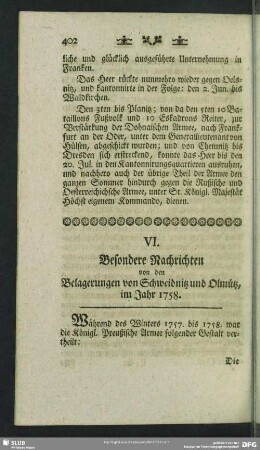 VI. Besondere Nachrichten von den Belagerungen von Schweidnitz und Olmütz im Jahr 1758