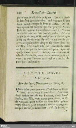 Lettre LXXVIII. A la même. Aux Rochers, Dimanche 23. Août, 1671