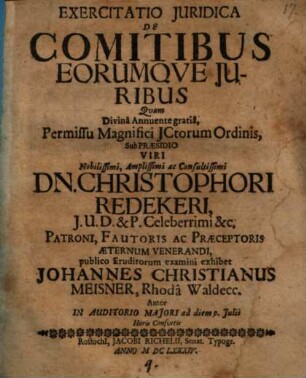 Exercitatio Iuridica De Comitibus Eorumque Iuribus