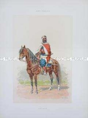 Uniformdarstellung, Gemeiner des Sipahi-Reiter-Regiments zu Pferd, Frankreich, um 1890.
