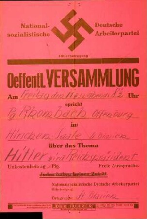 Versammlung der NSDAP-Ortsgruppe St. Blasien: Hitler wird Reichspräsident