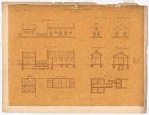 Lehrerseminar, Usingen: Stallgebäude: Grundriss Fundamente, Grundriss EG, Aufriss Nordseite, 2 Aufrisse Seitenfassaden, Längsschnitt, 2 Querschnitte
