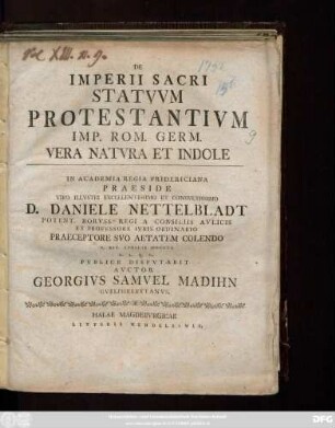 De Imperii Sacri Statvvm Protestantivm Imp. Rom. Germ. Vera Natvra Et Indole