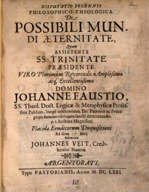 Disp. ... de possibili mundi aeternitate