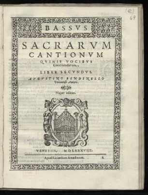 Agostino Bendinello: Sacrarum cantionum quinis vocibus ... Liber secundus. Bassus