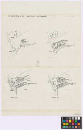 Bauerschaft Poppenbeck: Hof Bernhard Isfort. - Lageplan Zustand um 1826 mit Haupthaus, Speicher, zwei Nachbarn, AA Bach. - Lageplan Zustand um 1909 mit Haupthaus von 1878, Speicher abgebrochen 1946, Schweinehaus, Holzschuppen, Scheune von 1870, zwei Nachbarn, AA Bach. - Lageplan Zustand 1955 mit Haupthaus Dachausbau 1927, Schweinehaus von 1938, Scheune mit Speicher 1948, Scheune, zwei Nachbarn, AA. - Lageplan Zustand 1971 mit Schweinehaus, Haupthaus, Scheune mit Speicher, Scheune abgebrochen 1965, zwei Nachbarn, AA Bach