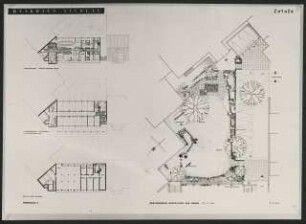 Bankhaus Nicolai, Hannover Wettbewerb: Vorschlag 2 / Grundrisse Keller und Garderobe, 3. und 4. Obergeschoss, Gärtnerische Gestaltung Hof 1:200