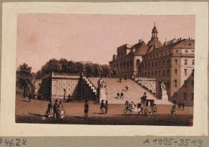 Die Treppe zur Brühlschen Terrasse, Blick vom Schlossplatz auf das Fürstenbergische Haus (Finanzhaus) mit PferdekutschenP