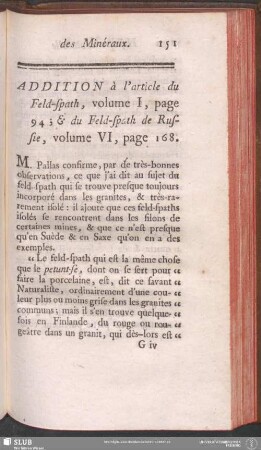 Addition à l'article du Feld-spath, volume I, page 94; & du Feld-spath de Russie, volume VI, page 168