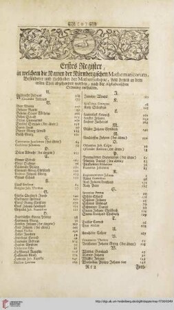 Erstes Register, in welchem die Namen der Nuernbergischen Mathematicorum, Befoerderer und Liebhaber der Mathematique [...]
