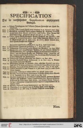 Specification der in vorstehender Supplication angezogenene Beylagen