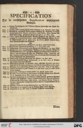 Specification der in vorstehender Supplication angezogenene Beylagen