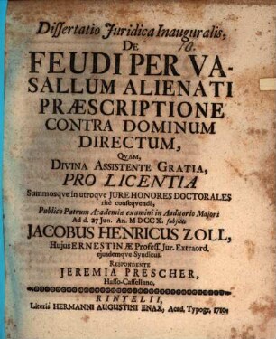 Diss. iur. inaug. de feudi per vasallum alienati praescriptione contra dominum directum