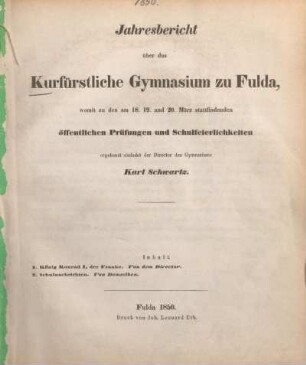 1850: Jahresbericht über das Kurfürstliche Gymnasium zu Fulda