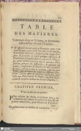 Table Des Matieres. Contenues dans ce Volume, & Sommaire instructif sur chaque Chapitre