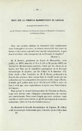 Note sur la formule barométriqu de laplace.