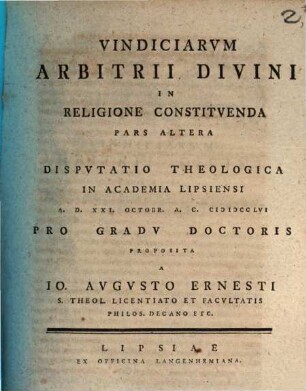 Vindiciae Arbitrii Divini In Religione Constitvenda, 2