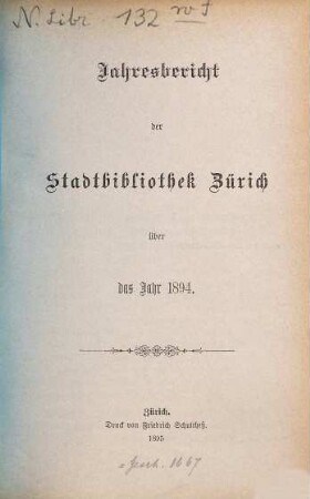 Jahresbericht der Stadtbibliothek Zürich : über d. Jahr .... 1894