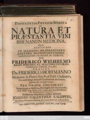 Dissertatio Physico-Medica De Natura Et Præstantia Vini Rhenani In Medicina