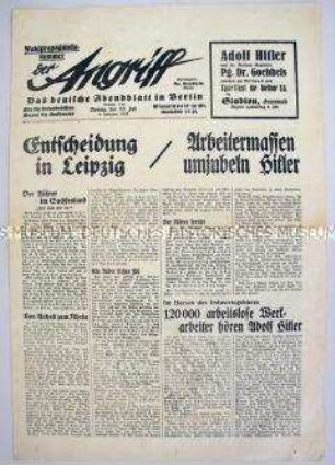 Berliner NS-Tageszeitung "Der Angriff" zu einer Wahlveranstaltung mit Hitler in Leipzig
