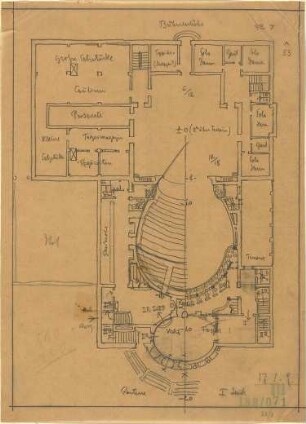 Fischer, Theodor; Bayreuth (Bayern); Rathaus (Umbau Infanteriekaserne) und Saalbau - Grundriss EG, Grundriss 1. OG