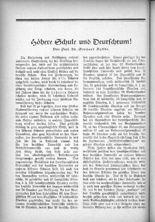 Höhere Schule und Deutschtum. Von Prof. Dr. Gerhard Budde.