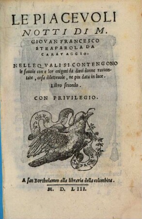 Le Piacevoli Notti Di M. Giovanfrancisco Straporola da Carauaggio : Nelle Quali Si Contengono le fauole con i loro enimmi da dieci donne, & duo giouani raccontate, cosa diletteuole, ne piu data in luce, 2