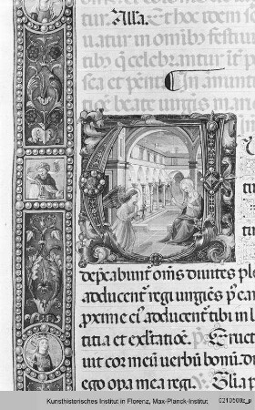 Missale Romanum : Textseite mit Bordüre und historisierter Initiale V: Verkündigung