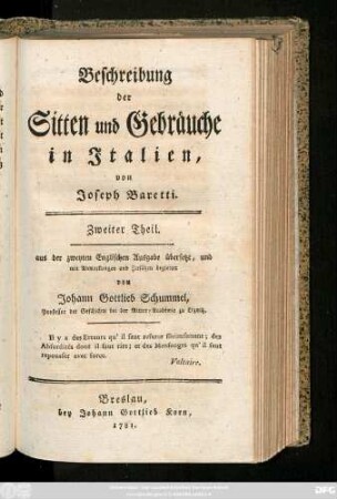Theil 2: Beschreibung der Sitten und Gebräuche in Italien