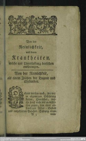 Von der Reinlichkeit, als einem Zeichen der Tugend und Ehrbarkeit