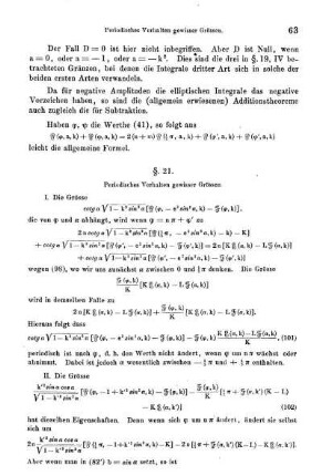 § 21. - 31. Periodisches Verhalten gewisser Grössen. Reduktion des allgemeinen irrationalen Integrals. Berechnung des Mantels des schiefen Kreieskegels. Schlussbemerkungen.