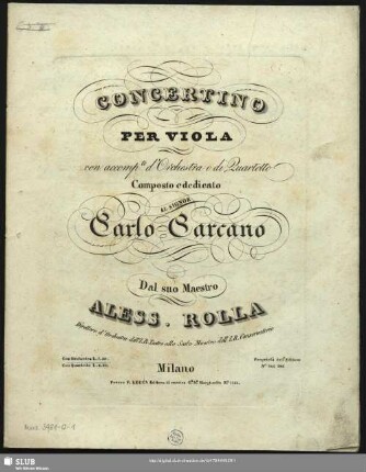 Concertino per Viola con accompte. d'Orchestre o di Quartetto